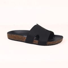 Dép đế trấu birken Chữ H MẶT ĐEN da SAFFIANO Hishoo M095