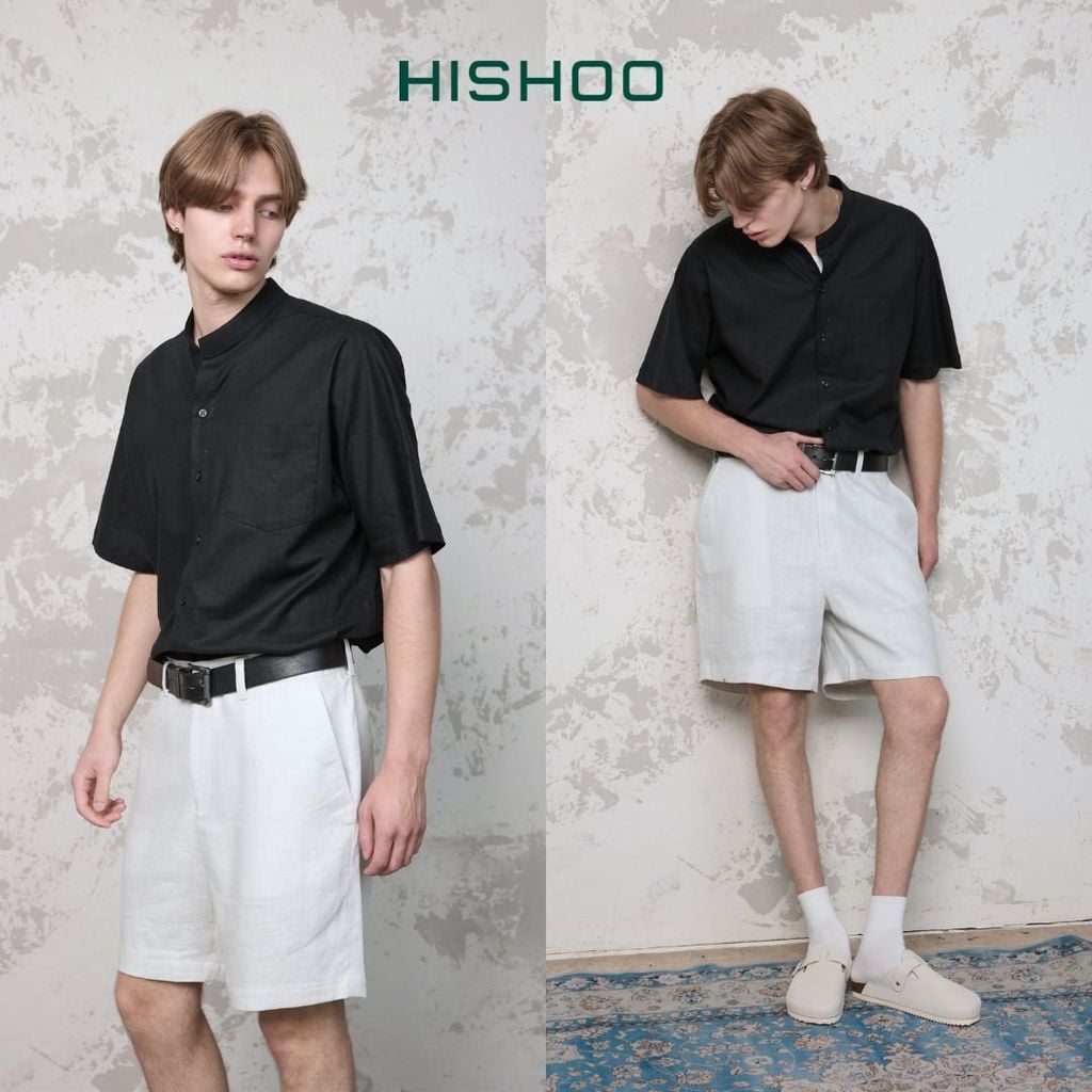 Áo Sơ Mi Nam Relax Form Rộng, Cổ Tàu Vuông, Lai Ngang Linen Solene Vải Mềm Mát HISHOO A1T002