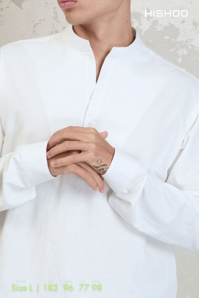 Áo Sơ Mi Nam Tay Dài Relax Form Rộng, Cổ Polo Tàu Vuông, Xẻ V Linen Solene Vải Mềm Mát HISHOO A3T002