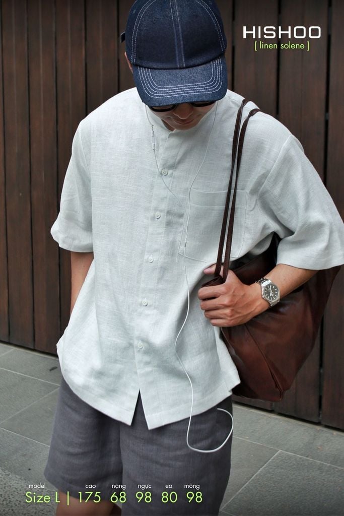 Áo Sơ Mi Tàu Tròn Nam Xám Tro Relax Form Rộng, Cổ Tàu Tròn, Lai Ngang Linen Solene Vải Mềm Mát HISHOO A1T001