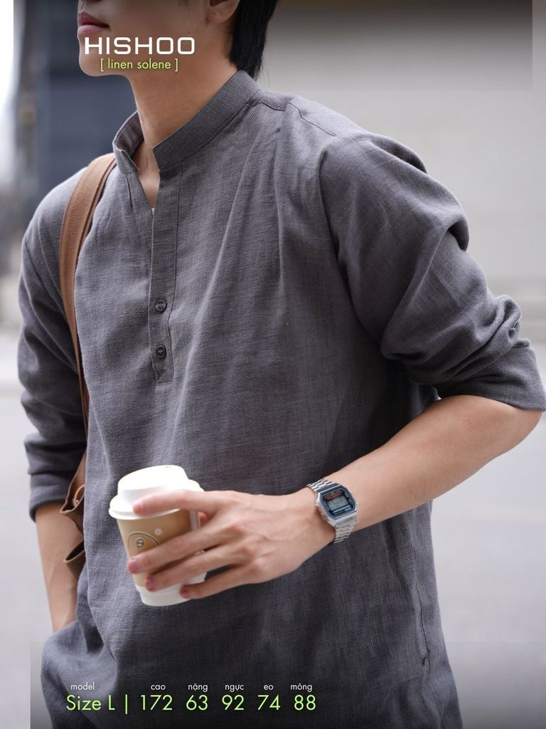 Áo Sơ Mi Nam Tay Dài Relax Form Rộng, Cổ Polo Tàu Vuông, Xẻ V Linen Solene Vải Mềm Mát HISHOO A3T002
