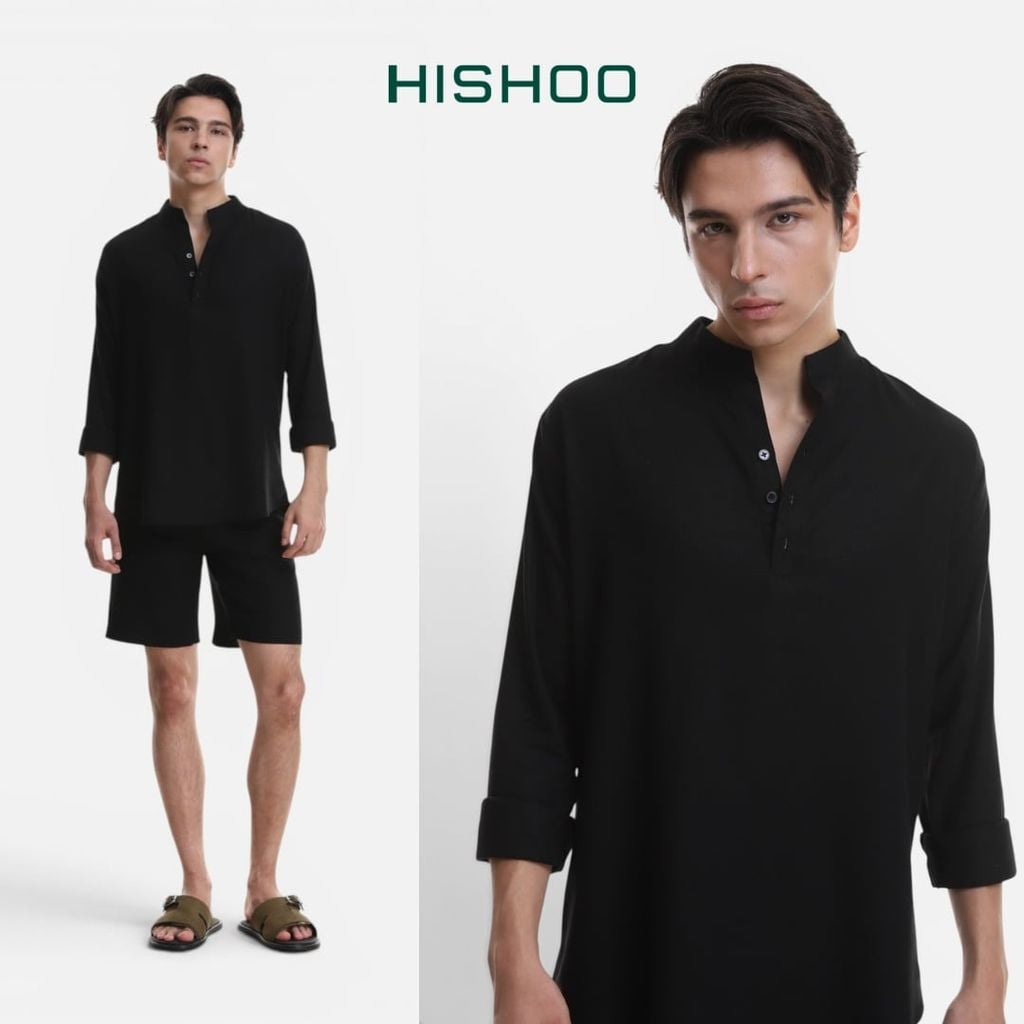 Áo Sơ Mi Nam Tay Dài Relax Form Rộng, Cổ Polo Tàu Vuông, Xẻ V Linen Solene Vải Mềm Mát HISHOO A3T002