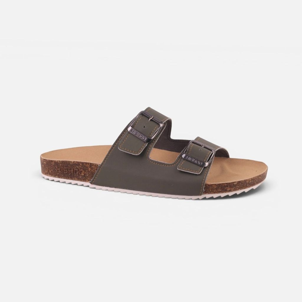 Dép đế trấu birken Rêu quai ngang 2 khoá da bò HISHOO M093