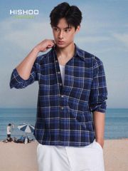 Áo Sơ Mi Caro Nút Gỗ Tay Dài Nam Relax Form Rộng, Cổ Thường, Lai Ngang Linen Solene Vải Mềm Mát HISHOO A2T003