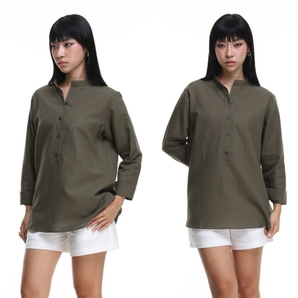 Áo Sơ Mi Nữ Tay Dài Relax Form Rộng, Cổ Polo Tàu Vuông, Xẻ V Linen Solene Vải Mềm Mát HISHOO A3G002