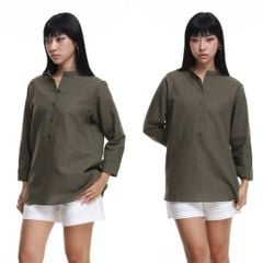 Áo Sơ Mi Nữ Tay Dài Relax Form Rộng, Cổ Polo Tàu Vuông, Xẻ V Linen Solene Vải Mềm Mát HISHOO A3G002