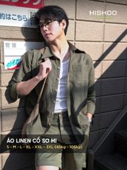 Áo Sơ Mi Rêu Nút Gỗ Nam Tay Dài Relax Form Rộng, Cổ Thường, Lai Ngang Linen Solene Vải Mềm Mát HISHOO A2T003