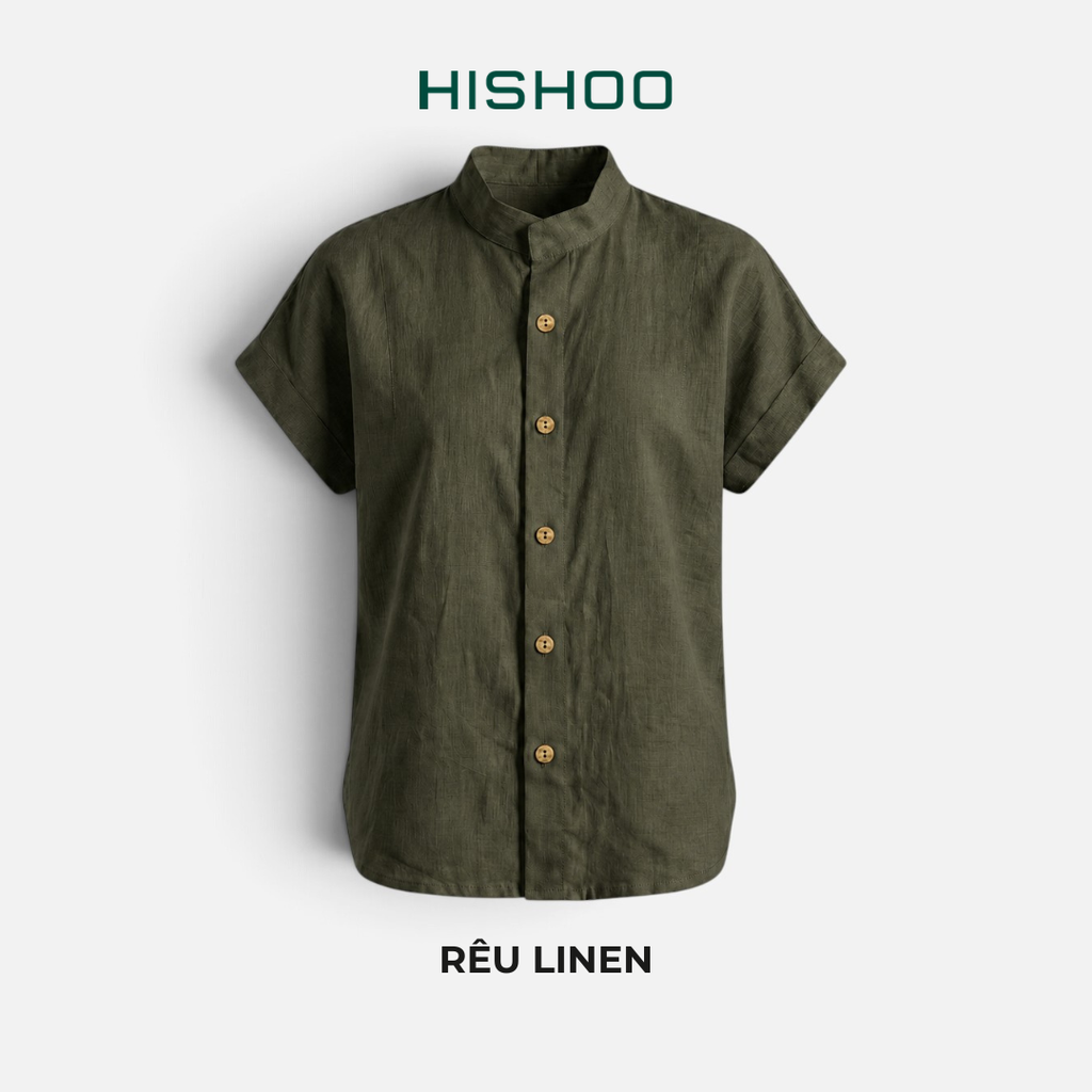 Áo Sơ Mi Nữ Nút Gỗ Tay Ngắn Relax Form Rộng, Cổ Tàu Vuông, Linen Solene Vải Mềm Mát HISHOO A4G002
