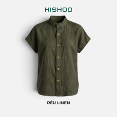 Áo Sơ Mi Nữ Nút Gỗ Tay Ngắn Relax Form Rộng, Cổ Tàu Vuông, Linen Solene Vải Mềm Mát HISHOO A4G002