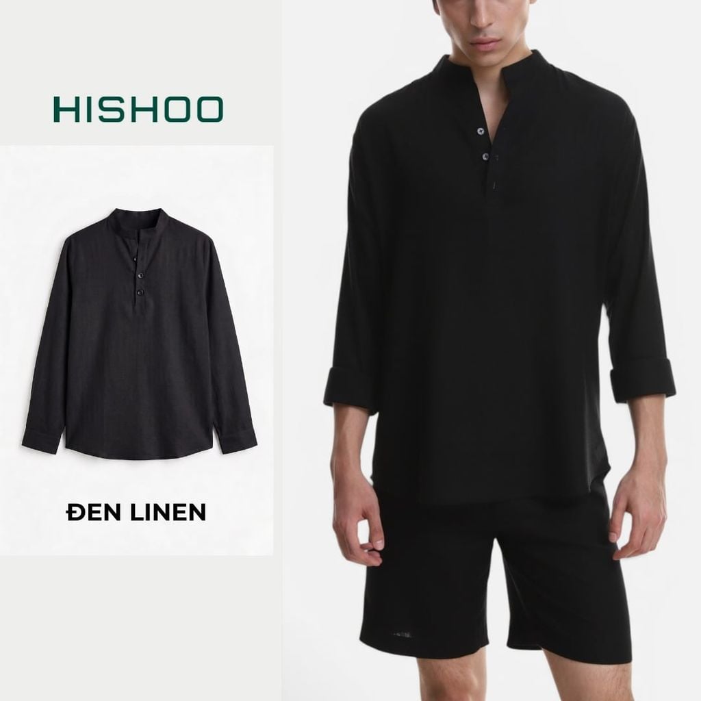 Áo Sơ Mi Nam Tay Dài Relax Form Rộng, Cổ Polo Tàu Vuông, Xẻ V Linen Solene Vải Mềm Mát HISHOO A3T002