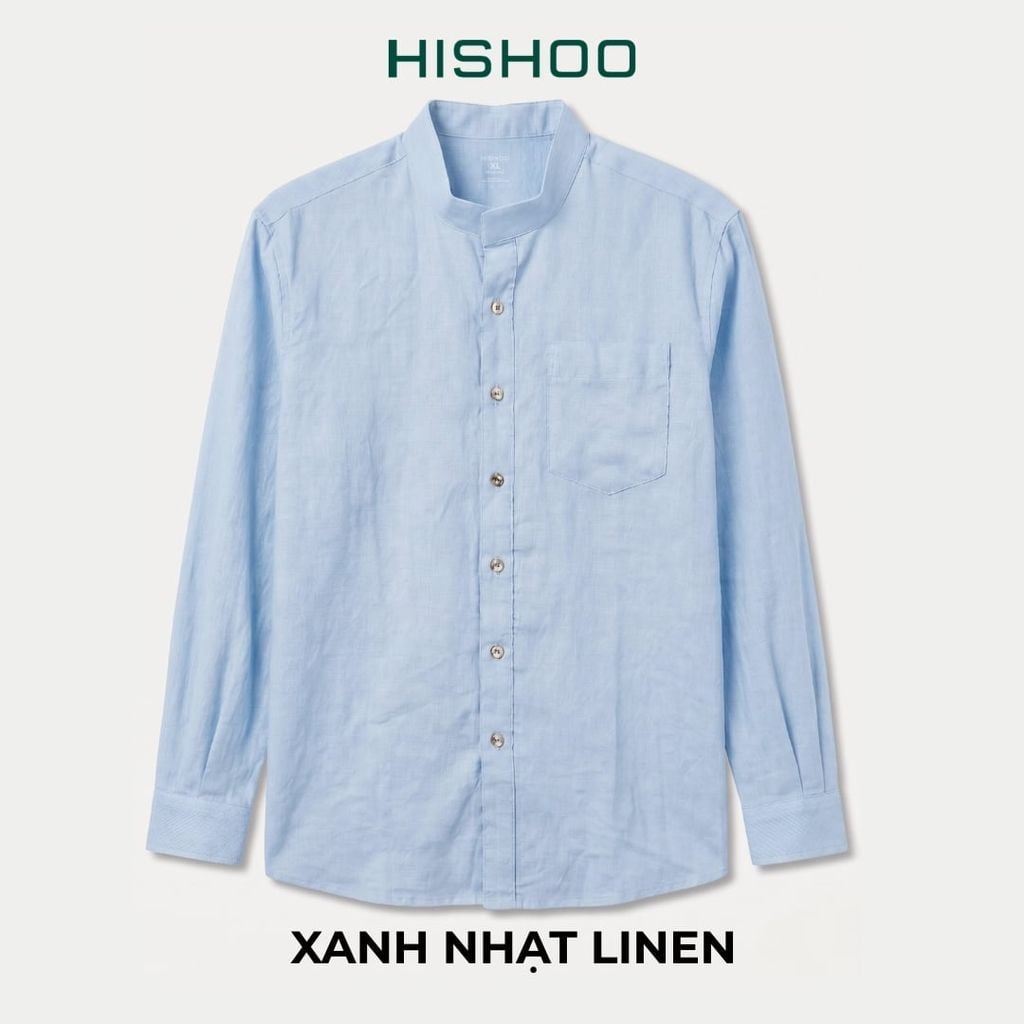 Áo Sơ Mi Nam Nút Gỗ Tay Dài Relax Form Rộng, Cổ Tàu Vuông, Lai Ngang Linen Solene Vải Mềm Mát HISHOO A2T002