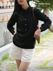 Áo Sơ Mi Nữ Nút Gỗ Tay Dài Relax Form Rộng, Cổ Polo Tàu Vuông, Xẻ V Linen Solene Vải Mềm Mát HISHOO A3G002
