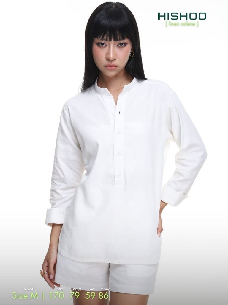 Áo Sơ Mi Nữ Tay Dài Relax Form Rộng, Cổ Polo Tàu Vuông, Xẻ V Linen Solene Vải Mềm Mát HISHOO A3G002