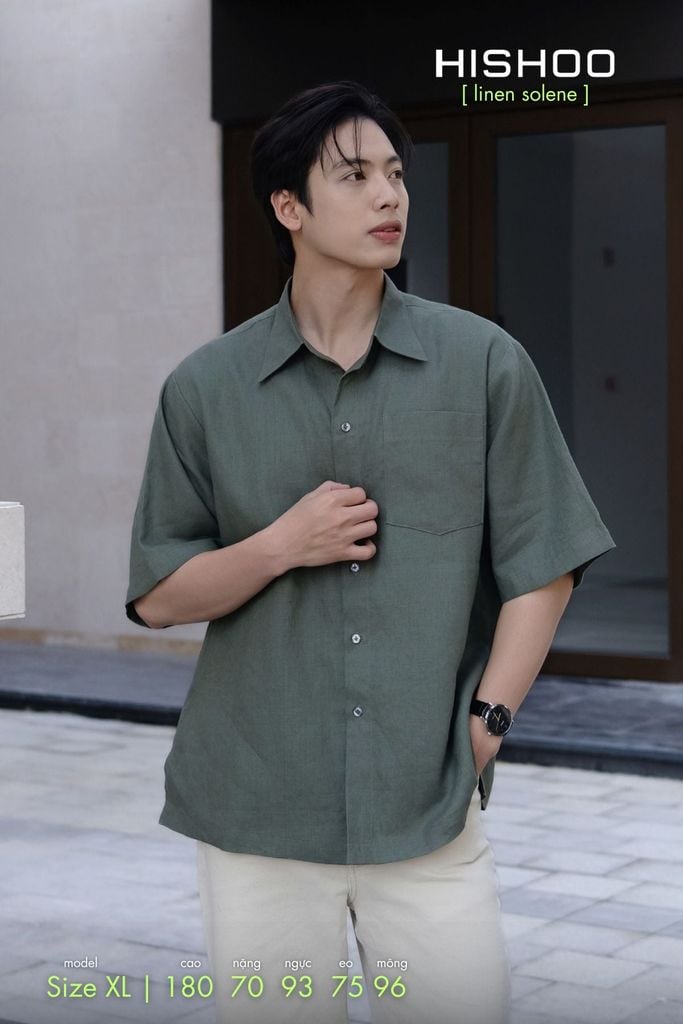 Áo Sơ Mi Nam Rêu  Relax Form Rộng, Cổ Thường, Lai Ngang Linen Solene Vải Mềm Mát HISHOO A1T003