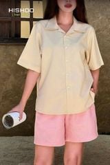 Áo Sơ Mi Kem Nữ Relax Form Rộng, Cổ Bác Sĩ, Lai Ngang Linen Solene Vải Mềm Mát HISHOO A1G004