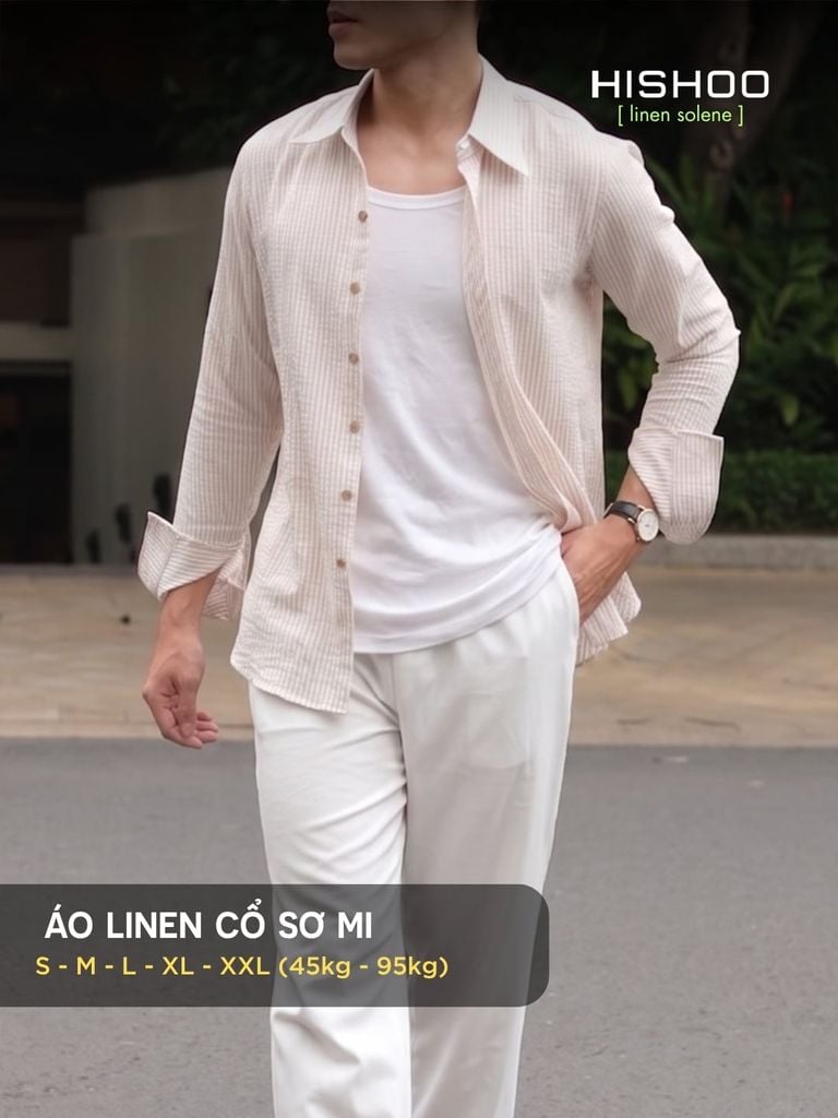 Áo Sơ Mi Trắng Sọc Nâu Nút Gỗ Tay Dài Nam Relax Form Rộng, Cổ Thường, Lai Ngang Linen Solene Vải Mềm Mát HISHOO A2T003