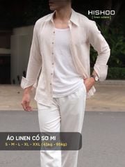 Áo Sơ Mi Trắng Sọc Nâu Nút Gỗ Tay Dài Nam Relax Form Rộng, Cổ Thường, Lai Ngang Linen Solene Vải Mềm Mát HISHOO A2T003