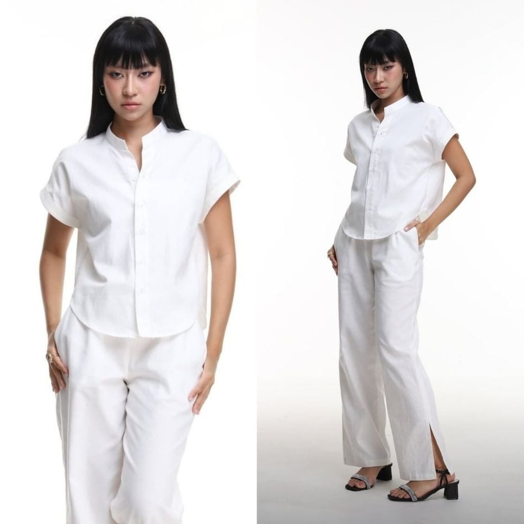 Áo Sơ Mi Nữ Tay Ngắn Relax Form Rộng, Cổ Tàu Vuông, Linen Solene Vải Mềm Mát HISHOO A4G002