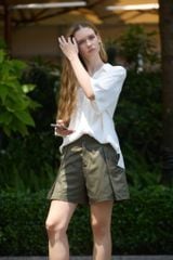 Quần kaki nữ lưng cao xếp li Hishoo short suông basic mặc đi chơi, đi làm HISHOO QG002