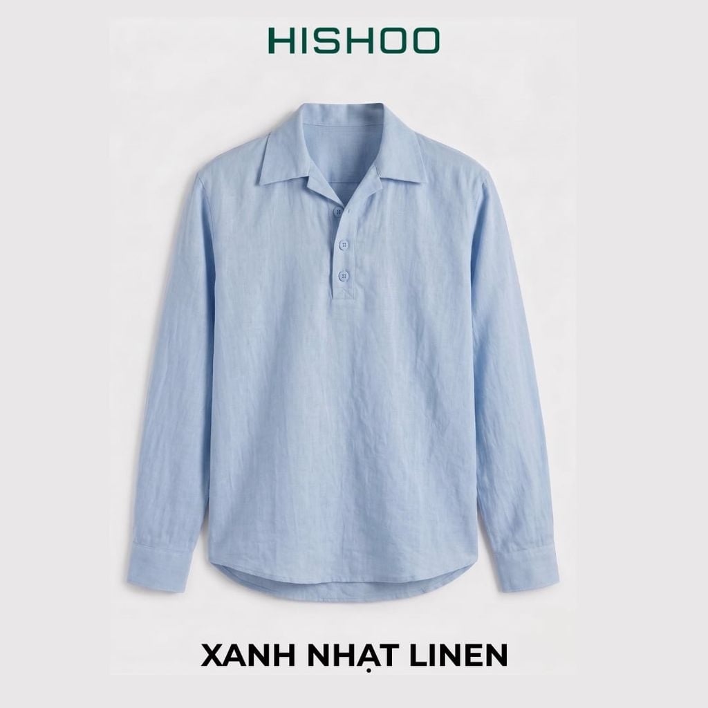 Áo Sơ Mi Nam Tay Dài Relax Form Rộng, Cổ Polo Danton, Xẻ V Linen Solene Vải Mềm Mát HISHOO A3T004