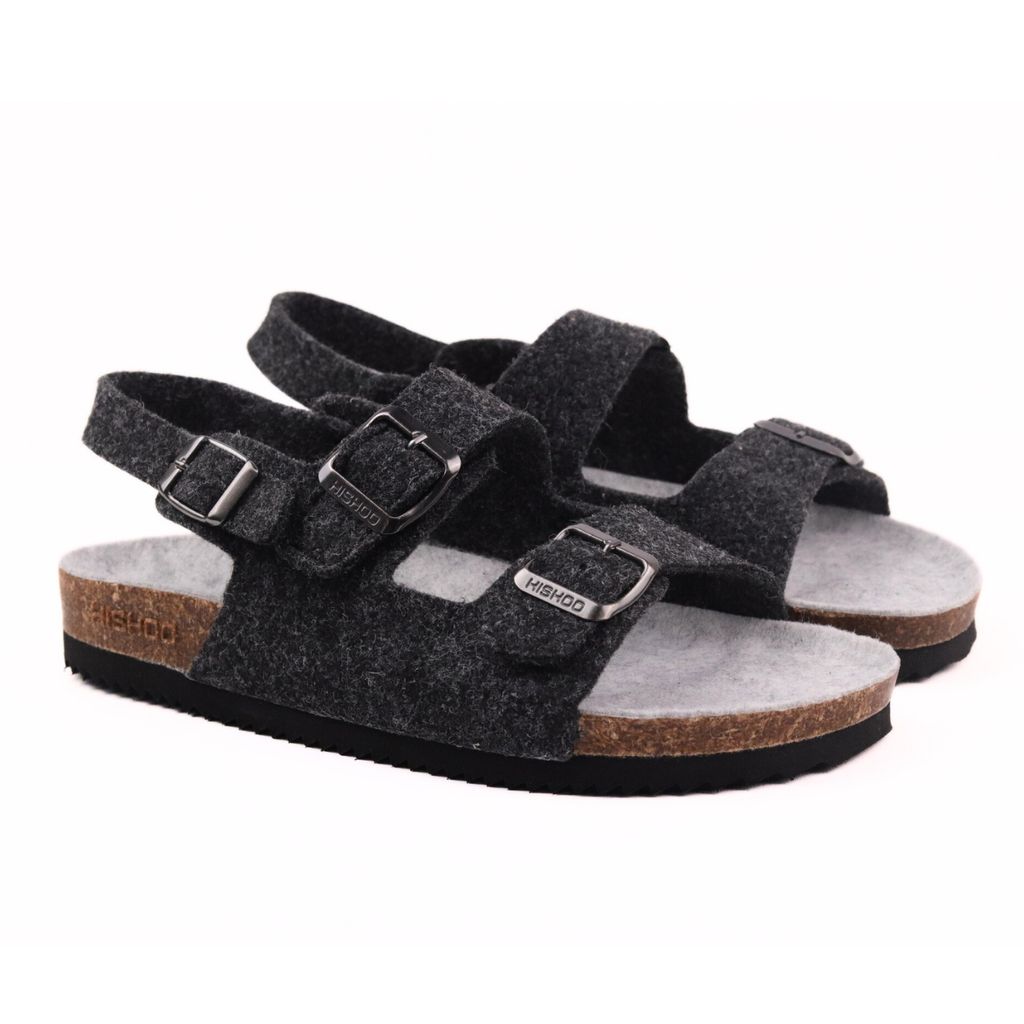 Dép đế trấu sandal birken quai ngang 2 khoá vải dạ Premium HISHOO B102