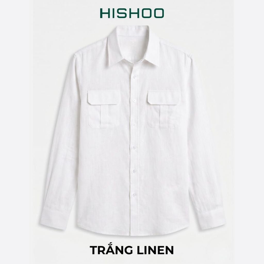 Áo Sơ Mi Nam 2 Túi Tay Dài  Relax Form Rộng, Cổ Thường, Lai Ngang Linen Solene Vải Mềm Mát HISHOO A2T005