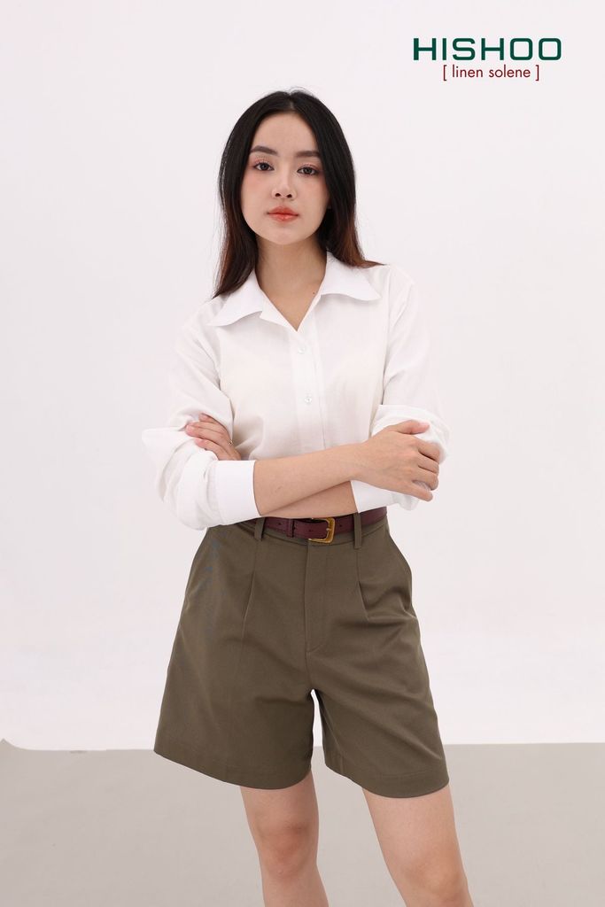 Áo Sơ Mi Tay Dài Nữ Relax Form Rộng, Cổ Danton, Lai Ngang Linen Solene Vải Mềm Mát HISHOO A2G004