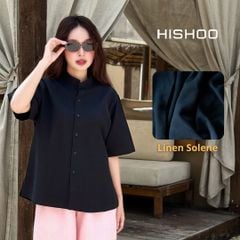 Áo Sơ Mi Đen Nữ Relax Form Rộng, Cổ Tàu Vuông, Lai Ngang Linen Solene Vải Mềm Mát HISHOO A1G002