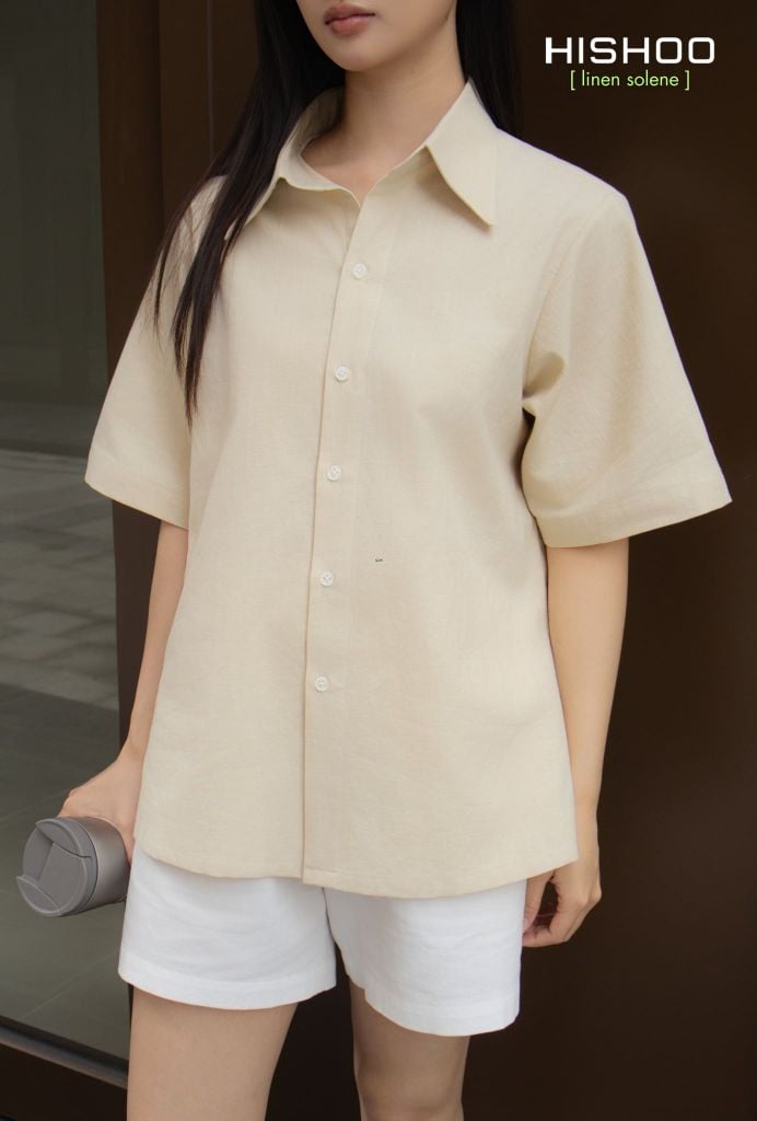 Áo Sơ Mi Nữ Kem Relax Form Rộng, Cổ Thường, Lai Ngang Linen Solene Vải Mềm Mát HISHOO A1G003