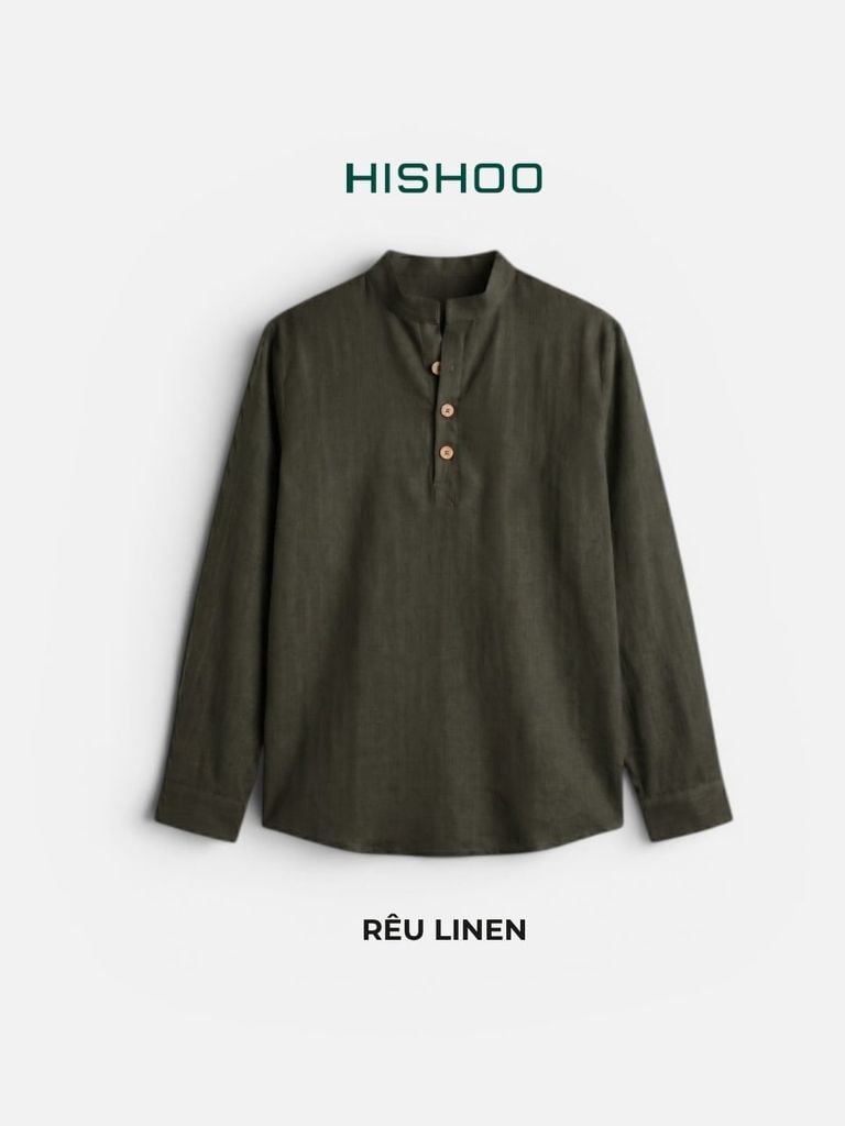Áo Sơ Mi Nữ Nút Gỗ Tay Dài Relax Form Rộng, Cổ Polo Tàu Vuông, Xẻ V Linen Solene Vải Mềm Mát HISHOO A3G002