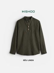 Áo Sơ Mi Nữ Nút Gỗ Tay Dài Relax Form Rộng, Cổ Polo Tàu Vuông, Xẻ V Linen Solene Vải Mềm Mát HISHOO A3G002