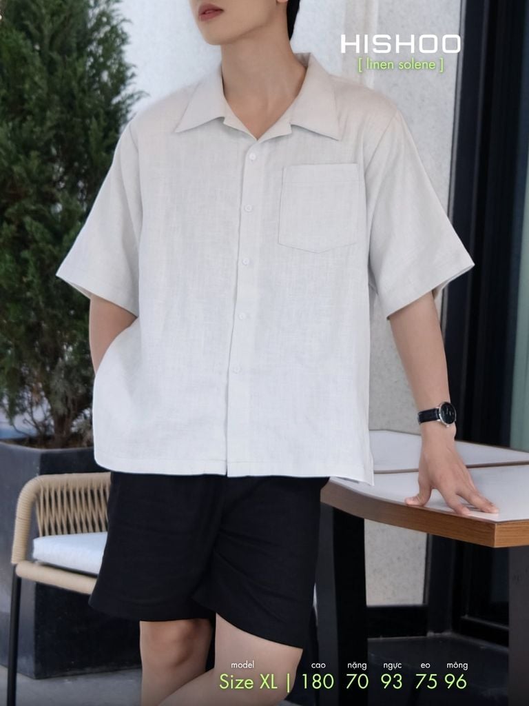 Áo Sơ Mi Nam Xám Tro Relax Form Rộng, Cổ Bác Sĩ, Lai Ngang Linen Solene Vải Mềm Mát HISHOO A1T004