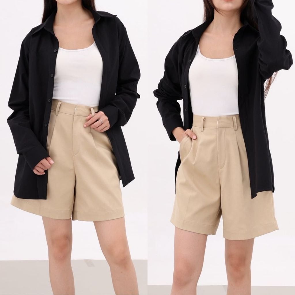 Quần kaki nữ lưng cao xếp li Hishoo short suông basic mặc đi chơi, đi làm HISHOO Q2G001