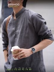Áo Sơ Mi Nam Xám Chuột Tay Dài Relax Form Rộng, Cổ Polo Tàu Vuông, Xẻ V Linen Solene Vải Mềm Mát HISHOO A3T002