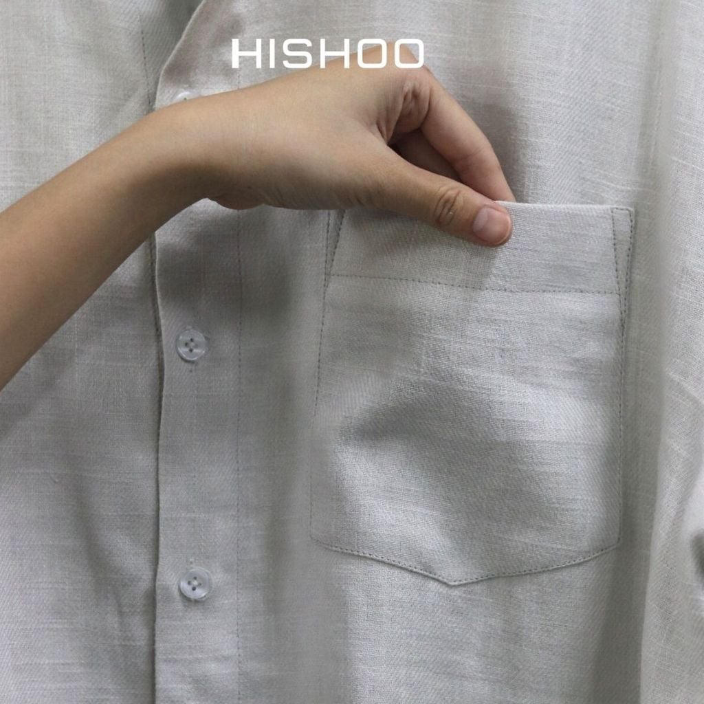 Áo Sơ Mi Nam Xám Tro Relax Form Rộng, Cổ Danton, Lai Ngang Linen Solene Vải Mềm Mát HISHOO A1T004