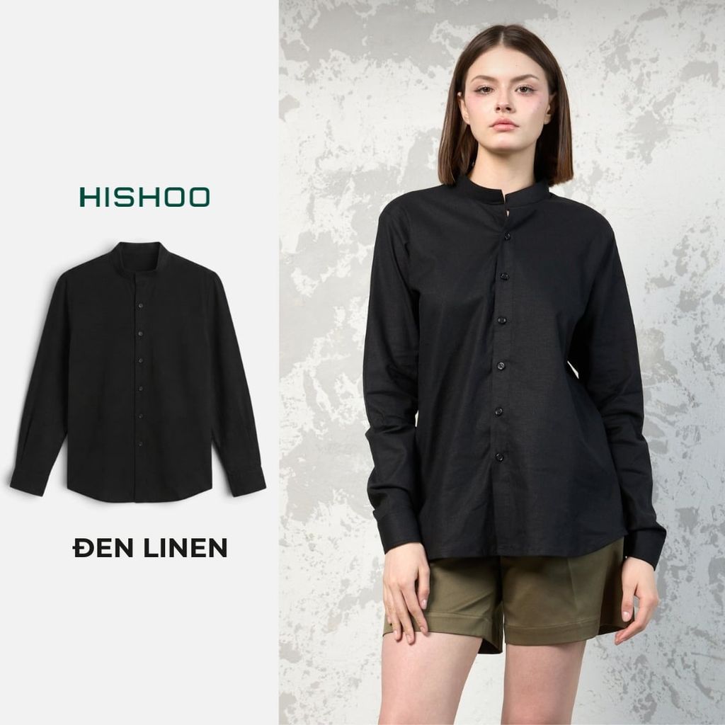 Áo Sơ Mi Tay Dài Nữ Relax Form Rộng, Cổ Tàu Vuông, Lai Ngang Linen Solene Vải Mềm Mát HISHOO A2G002