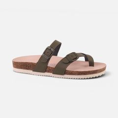 Dép đế trấu birken Xỏ Ngón Xanh Olive Da Trơn Premium HISHOO B098