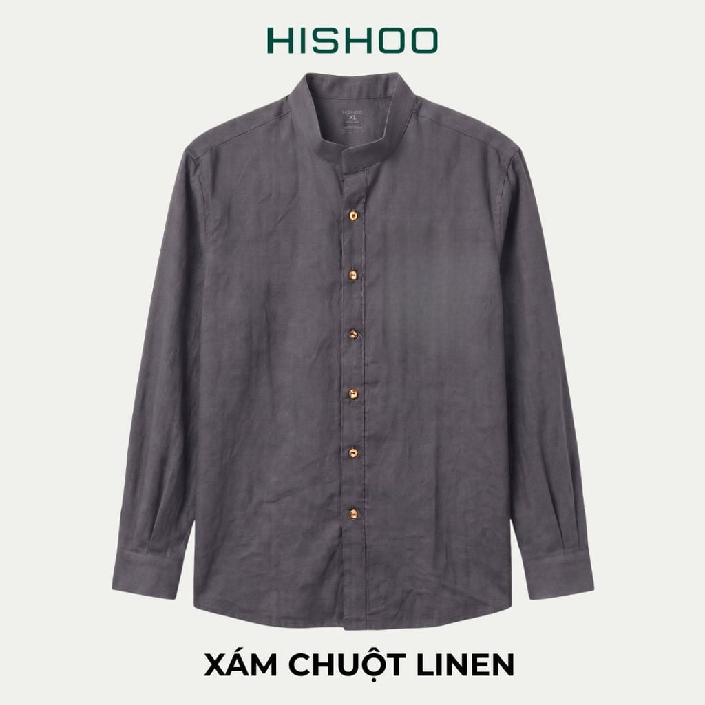 Áo Sơ Mi Nút Gỗ Tay Dài Nữ Relax Form Rộng, Cổ Tàu Vuông, Lai Ngang Linen Solene Vải Mềm Mát HISHOO A2G002