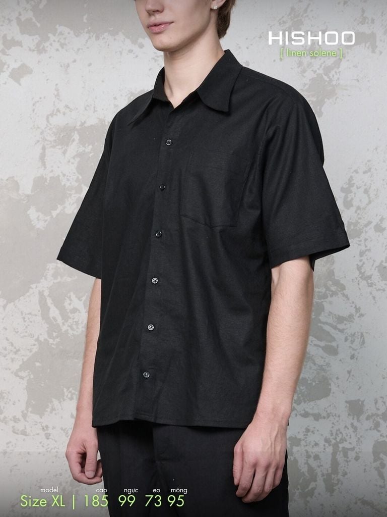 Áo Sơ Mi Nam Đen Relax Form Rộng, Cổ Thường, Lai Ngang Linen Solene Vải Mềm Mát HISHOO A1T003