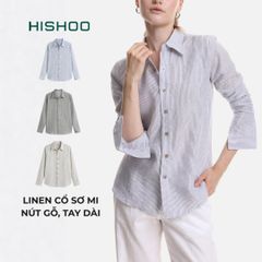 Áo Sơ Mi Sọc Nút Gỗ Tay Dài Nữ Relax Form Rộng, Cổ Thường, Lai Ngang Linen Solene Vải Mềm Mát HISHOO A2G003