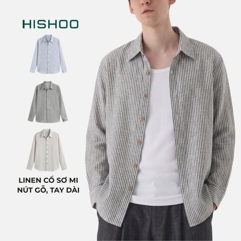 Áo Sơ Mi Sọc Nút Gỗ Tay Dài Nam Relax Form Rộng, Cổ Thường, Lai Ngang Linen Solene Vải Mềm Mát HISHOO A2T003