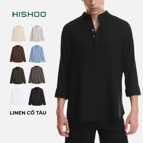 Áo Sơ Mi Nam Tay Dài Relax Form Rộng, Cổ Polo Tàu Vuông, Xẻ V Linen Solene Vải Mềm Mát HISHOO A3T002