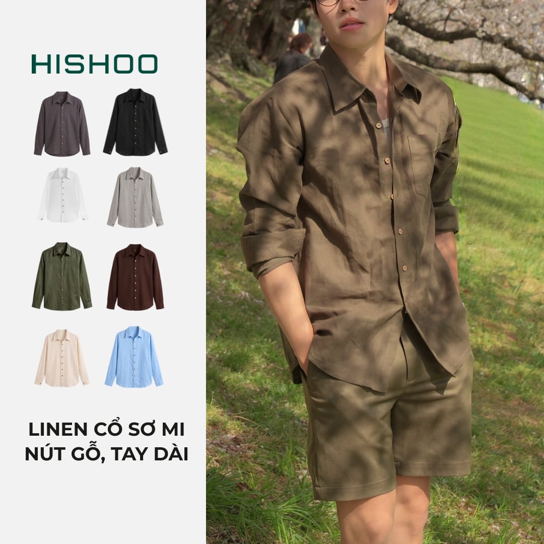 Áo Sơ Mi Rêu Nút Gỗ Nam Tay Dài Relax Form Rộng, Cổ Thường, Lai Ngang Linen Solene Vải Mềm Mát HISHOO A2T003