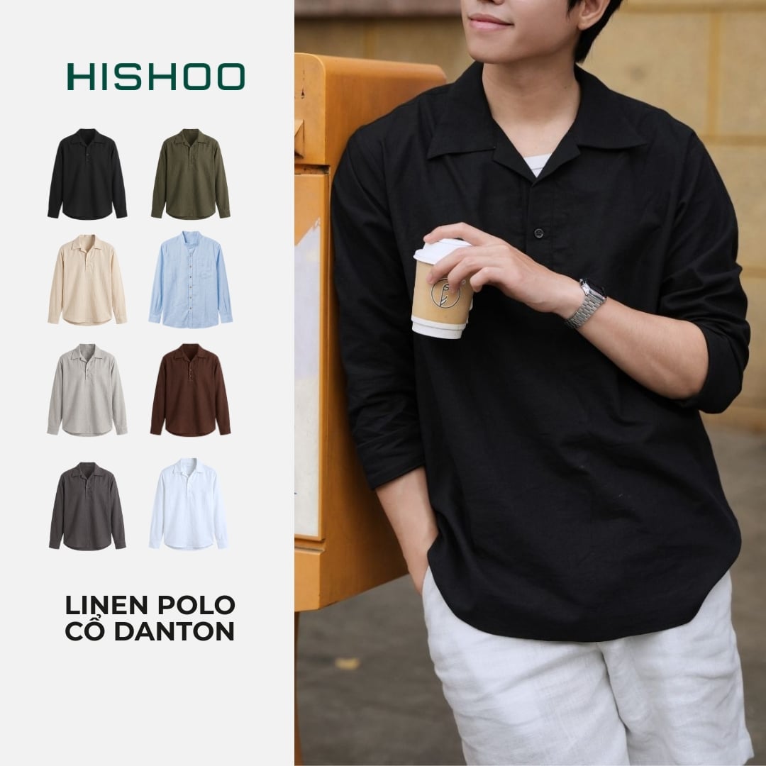 Áo Sơ Mi Nam Tay Dài Relax Form Rộng, Cổ Polo Danton, Xẻ V Linen Solene Vải Mềm Mát HISHOO A3T004