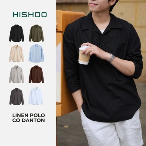 Áo Sơ Mi Nam Tay Dài Relax Form Rộng, Cổ Polo Danton, Xẻ V Linen Solene Vải Mềm Mát HISHOO A3T004
