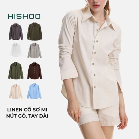 Áo Sơ Mi Nút Gỗ Tay Dài Nữ Relax Form Rộng, Cổ Thường, Lai Ngang Linen Solene Vải Mềm Mát HISHOO A2G003