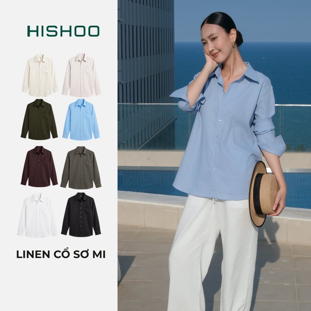 Áo Sơ Mi Tay Dài Nữ Relax Form Rộng, Cổ Thường, Lai Ngang Linen Solene Vải Mềm Mát HISHOO A2G003