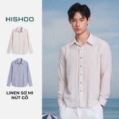 Áo Sơ Mi Trắng Sọc Nâu Nút Gỗ Tay Dài Nam Relax Form Rộng, Cổ Thường, Lai Ngang Linen Solene Vải Mềm Mát HISHOO A2T003