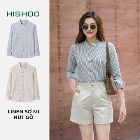 Áo Sọc Sơ Mi Nút Gỗ Tay Dài Nữ Relax Form Rộng, Cổ Tàu Vuông, Lai Ngang Linen Solene Vải Mềm Mát HISHOO A2G002