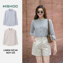 Áo Sọc Sơ Mi Nút Gỗ Tay Dài Nữ Relax Form Rộng, Cổ Tàu Vuông, Lai Ngang Linen Solene Vải Mềm Mát HISHOO A2G002